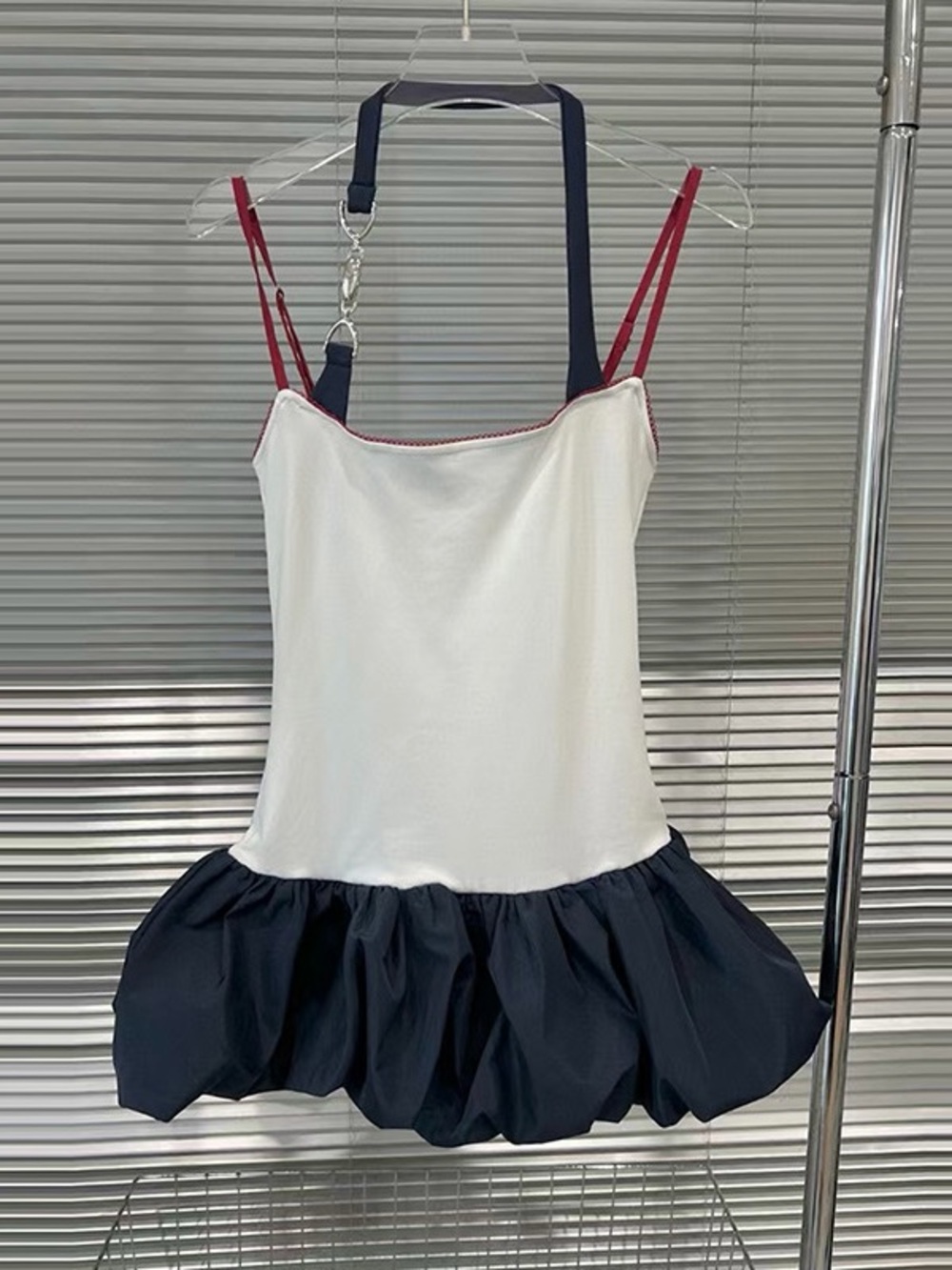 White & Navy Women's Tank Dress with Pink Strap Accents